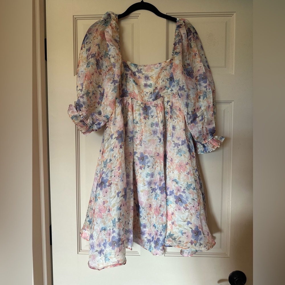 Storia Mini Pink Purple Puff Sleeve Babydoll Dress